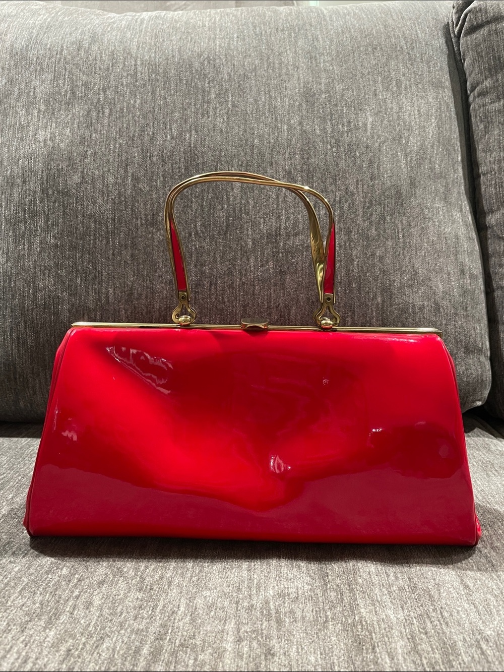 1960s Vintage Red Patent Leather Top Handle Clutch Handbag Mid Century Purse